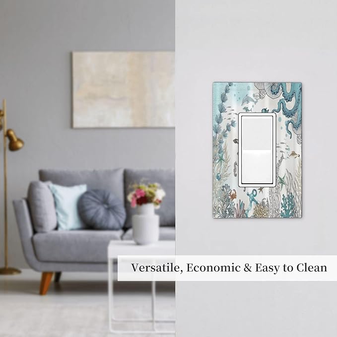 Sea Turtle Octopus Ocean Underwater Animal 1 Gang Rocker Light Switch Covers Decorative Unique Single Decora Outlet Wall Plate Faceplate Switchplate GFCI for Kitchen Bedroom Bathroom Decor