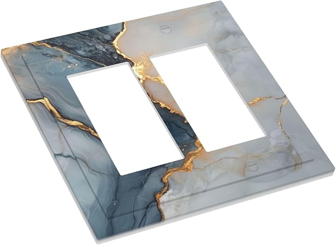 Abstract Blue Granite Luxury Texture Print Double Rocker Light Switch Cover 2 Gang Outlet Covers Switchplates Decorative Electrical Wall Plate for Country Bedroom Kitchen Living Room Decor