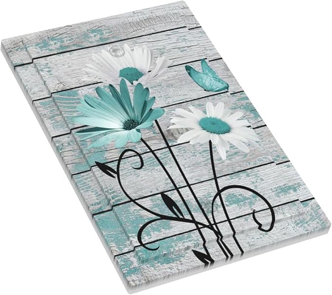 Teal White Daisy Flower Butterfly On Rustic Wood Board Light Switch Cover Plate 1 Gang No Device Blank Electrical Wall Plates Faceplate Decorative Switch Plate Covers for Farmhouse Bedroom Decor