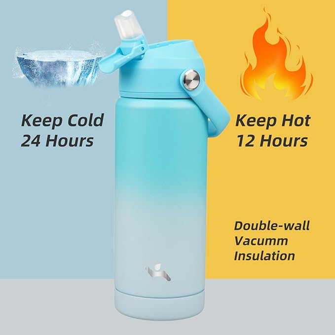 Konokyo Insulated Water Bottle with Straw Lid,18 oz Stainless Steel Vacuum Metal Bottle with Silicone Handle,Sea Salt