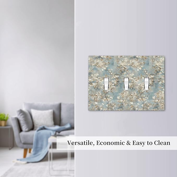Decorative Light Switch Cover Plate Rustic Blue White Plum Blossom Flower 3 Gang Wall Plates for Electrical Triple Toggle Switch Plate Covers Outlet Covers Faceplate for Bedroom Decor