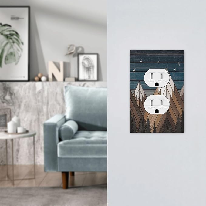 Rustic Geometric Mountain Wilderness Wood 1 Gang Wall Plate Single Duplex Outlet Cover Receptacle Decorative Light Switch Cover Plate Electrical Faceplate Socket for Bedroom Bathroom Kitchen Decor