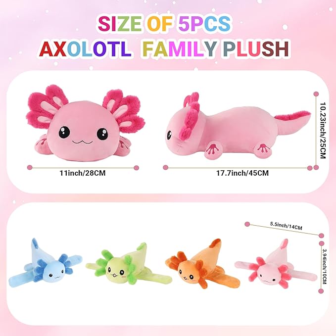 5 in 1 Axolotl Plush Toys for Girls Boys, 18" Mommy Axolotl Stuffed Animal with 4 Baby Axolotls Pink Stuffed Axolotl Plush with Babies Axolotl Plushies for Kids Toddler Birthday Christmas Plush Gifts