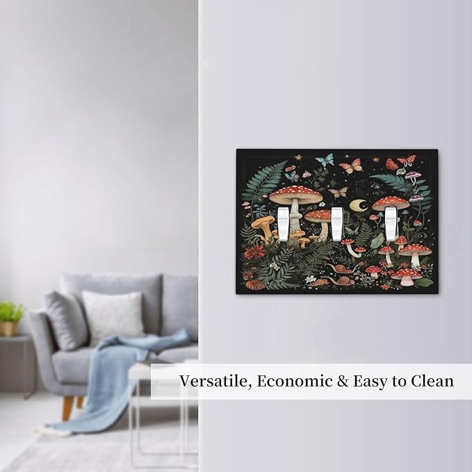 Cartoon Floral Mushroom forest Butterfly Flowers Decorative Switch Plates 3 Gang Wall Plate Faceplate Electrical Wall Panels Triple Toggle Light Switch Cover for Bedroom Kids Room Decor