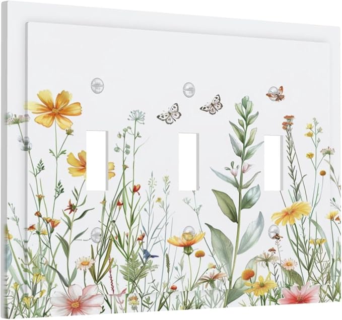 Light Switch Cover Plate Rustic Colorful Floral Butterfly Watercolor Flowers 3 Gang Triple Toggle Decorative Switch Plates Wall Plates Electrical Switchplate Faceplate for Bathroom Bedroom