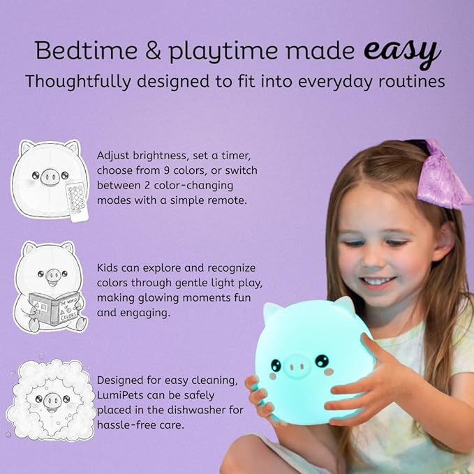 Lumipets Remote Control Silicone Night Light for Kids - Pig Design with 9 Soft Colors & Sleep Timer - Rechargeable, Battery-Operated Lamp for Bedroom | Baby Nursery, Toddler, Girls, Boys