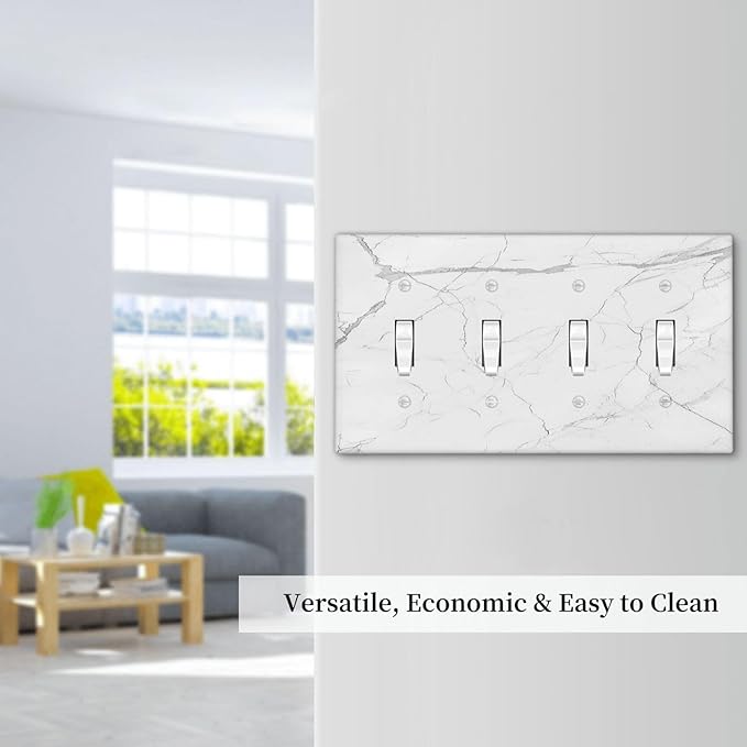Light Switch Covers White Grey Abstract Modern Marble Quad Toggle Electrical Faceplate 4 Gang Wall Plate Decorative Switch Plates for Bathroom Kitchen Decor