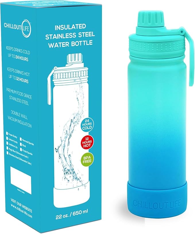 CHILLOUT LIFE 22 oz Kids Insulated Water Bottle for School with Leakproof Spout Lid and Cute Waterproof Stickers, Personalized Stainless Steel Thermos Flask Metal Water Bottle, Ocean Blue
