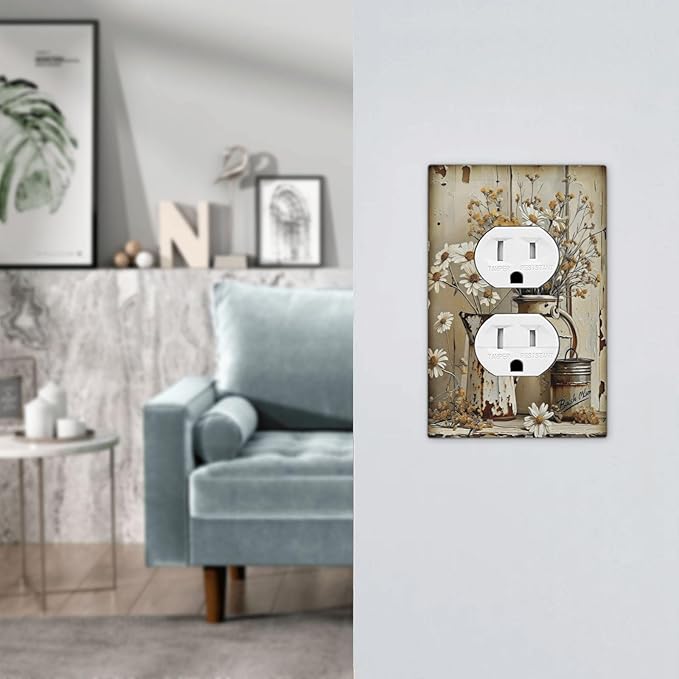 Rustic Flowers Daisy Floral White Wooden Planks Outlet Covers 1 Gang Duplex Light Switch Cover Decorative Switch Plates Electrical Receptacle Faceplate Wall Plate for Farmhouse Home Decor