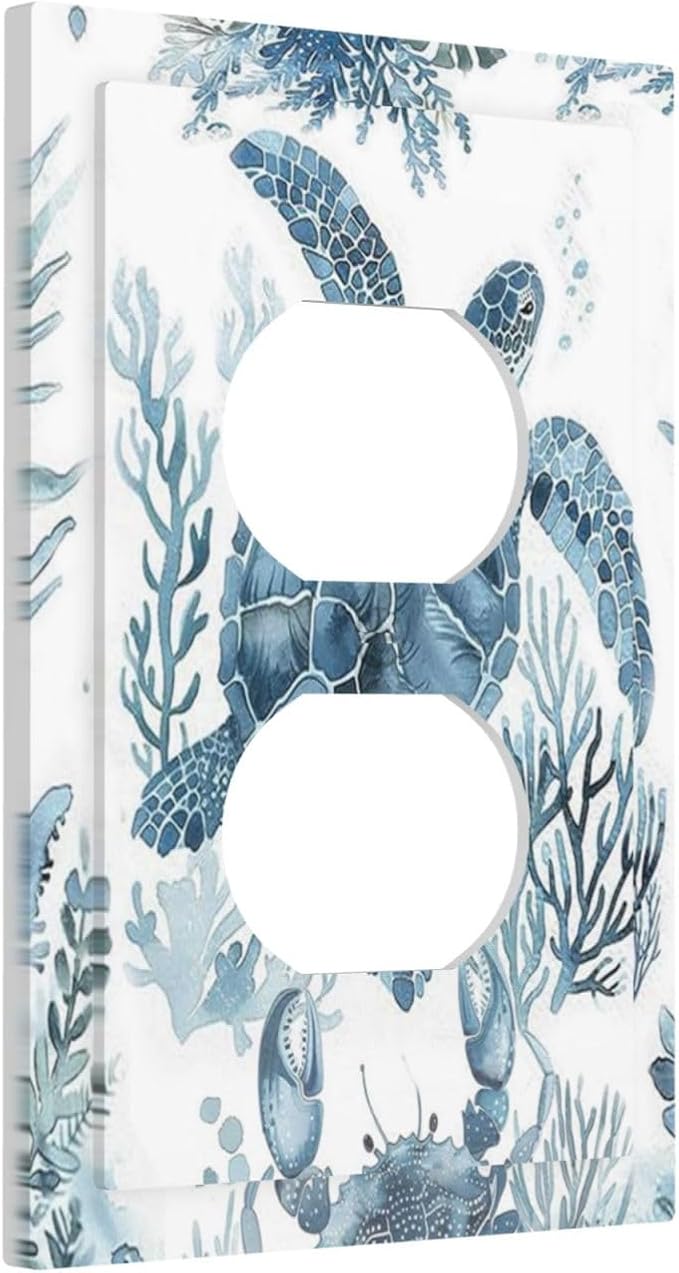 Blue Sea Turtle Coastal Coral Beach Crab Seaweed Outlet Covers 1 Gang Duplex Light Switch Cover Decorative Switch Plates Electrical Receptacle Faceplate Wall Plate for Kids Room Bathroom Decor