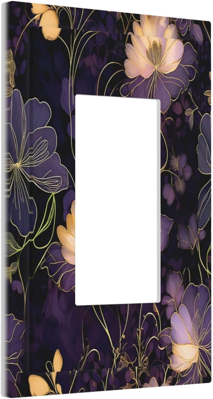 Modern Boho Vintage Gold Purple Dark Floral Modern Abstract Flowers Decorative Outlet Covers 1 Gang Single Rocker Wall Plates Gfci Faceplate Light Switch Cover Plate for Bedroom Living Room