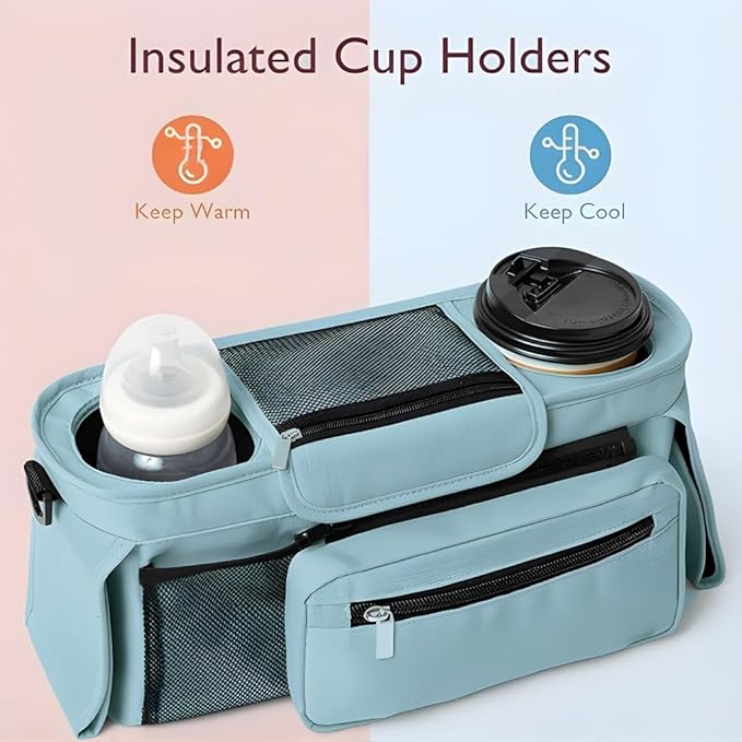 Stroller Organizer with Insulated Cup Holders - Universal Blue Baby Stroller Bag Caddy with Detachable Phone Pocket, Diaper Storage, Adjustable Straps for Uppababy, Doona, Baby Jogger, Britax