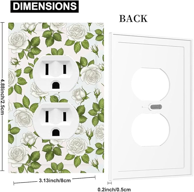 Elegant White Roses & Green Leaves Floral Duplex Wall Plate - 1-Gang Standard US Size Timeless Rose Garden Outlet Covers for Bathroom Bedroom Vanity Decor