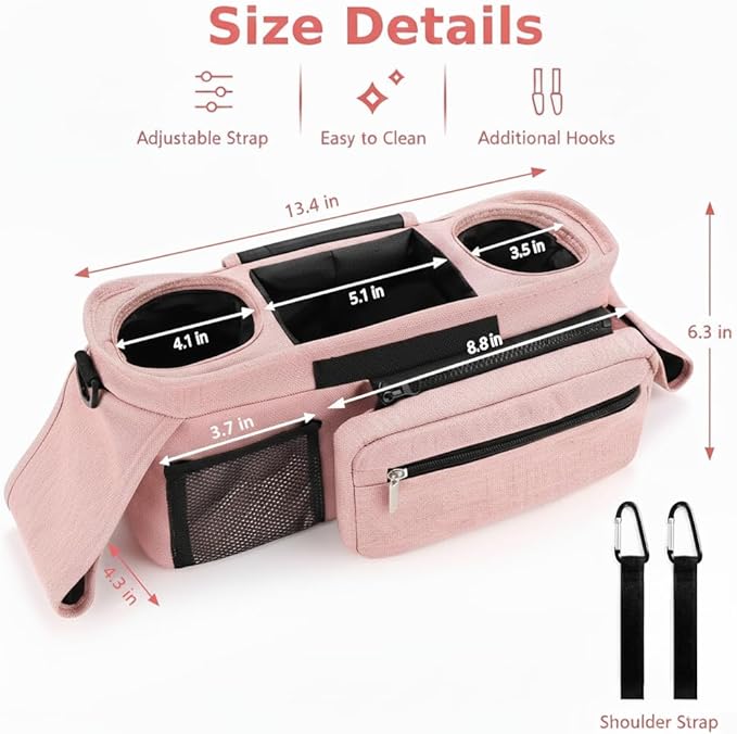 Stroller Organizer with Insulated Cup Holders - Universal Pink Baby Stroller Bag Caddy with Detachable Phone Pocket, Diaper Storage, Adjustable Straps for Uppababy, Doona, Baby Jogger, Britax