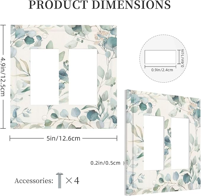 Boho Green White Eucalyptus Leaf Floral Decorative Outlet Covers 2 Gang Double GFCI Rocker Electrical Wall Panels Light Switch Cover Plate for Farmhouse Living Room Decor
