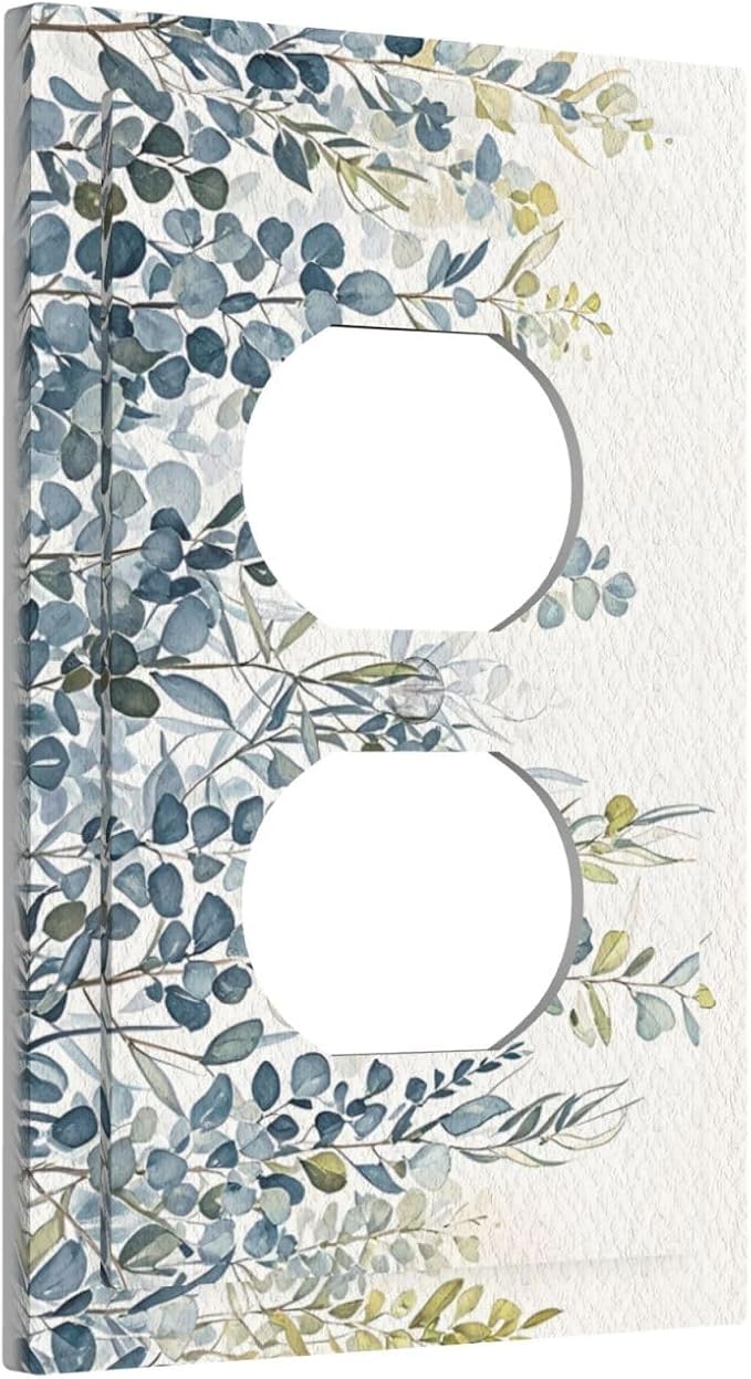 Decorative Outlet Covers with Green & Blue Watercolor Eucalyptus Botanical Foliage Design 1 Gang Duplex Light Switch Cover Plate Unique Wall Plates Switchplate Cover for Living Room Decor