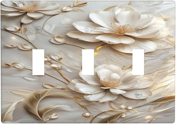 Decorative Art Light Switch Covers Elegant White and Gold Florals 3 Gang Triple Toggle Wall Plate Decorative Switch plate Electrical Faceplate for Home Decor