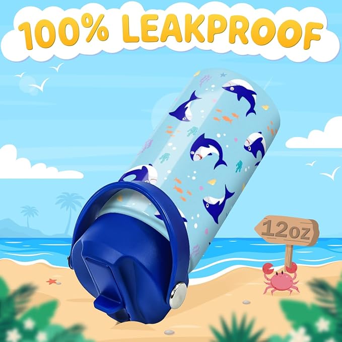 SANDJEST Shark Water Bottle - Kids Water Bottle with Straw Lid - 12 Oz Insulated Stainless Steel Water Bottles for Kid Boy - Travel Cup for School Sports