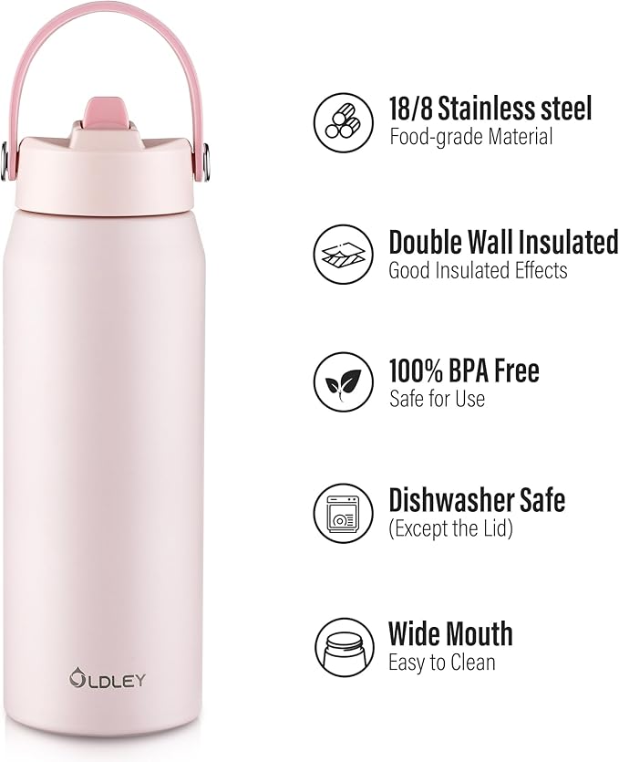 Oldley 24oz Insulated Water Bottle with Straw, Stainless Steel Water Bottle for Sports, Travel, School, BPA-Free Sports Bottles for Adult Kids, Leak-Proof, Pink