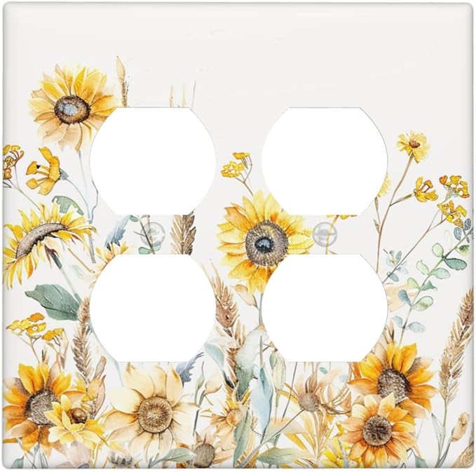 Yellow Floral Sunflowers Wheat Ears Watercolor Wild Flowers Outlet Covers 2 Gang Double Duplex Decorative Light Switch Covers Electrical Wallplates Socket Faceplate for Bedroom Living Room Decor
