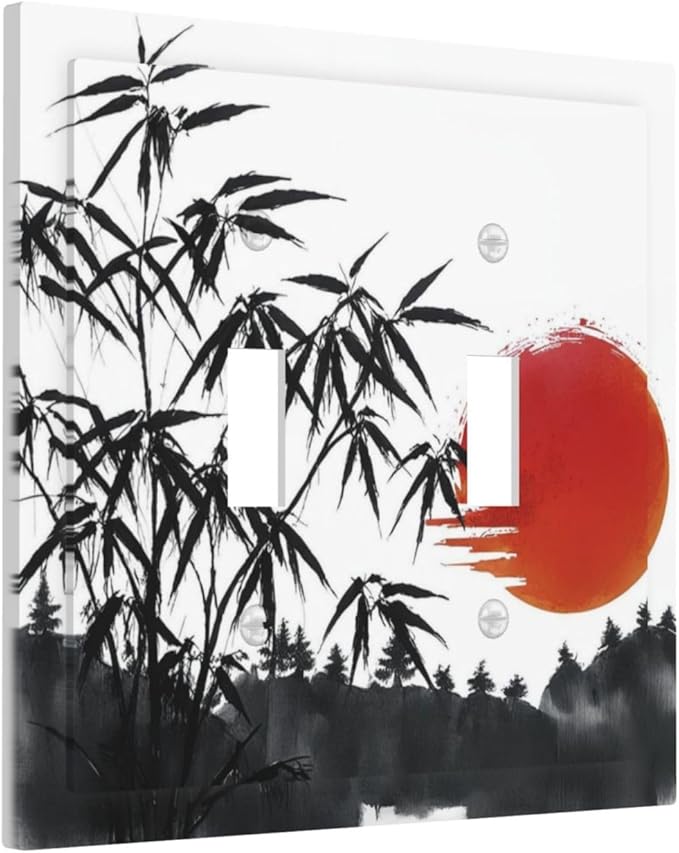 Decorative Light Switch Plate Covers Artistic Describe Black Bamboo Japanese Red Sun 2 Gang Wall Plate Double Toggle Switch Cover Plate Electric Dual Device Electrical Faceplate