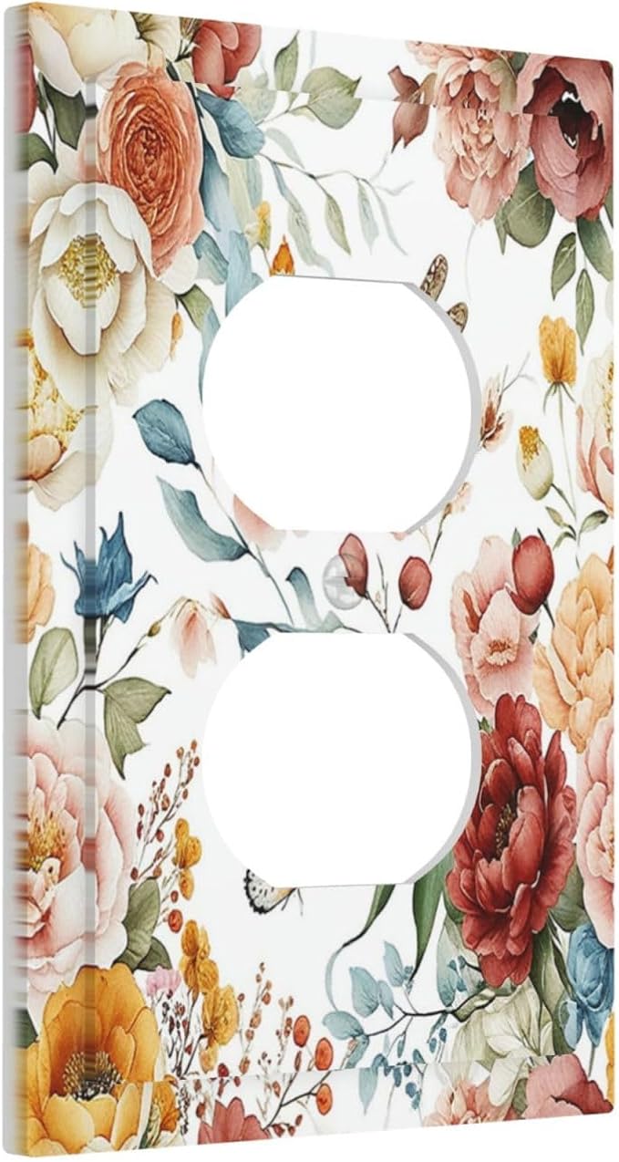 Rustic Style Colorful Peony Butterfly Dragonfly Outlet Covers 1 Gang Duplex Electrical Receptacle Faceplate Light Switch Cover Wall Plate Decorative Switch Plates for Bedroom Living Room Decor