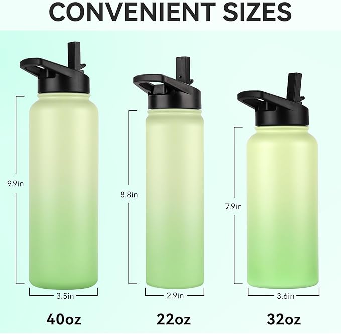 DOMICARE Insulated Water Bottle, 22 oz Vacuum Insulated Stainless Steel Reusable Sports Bottle with Straw Lid & Spout Lid for Travel, Camping, Bike, Leakproof, Green Gradient, 1 Pack