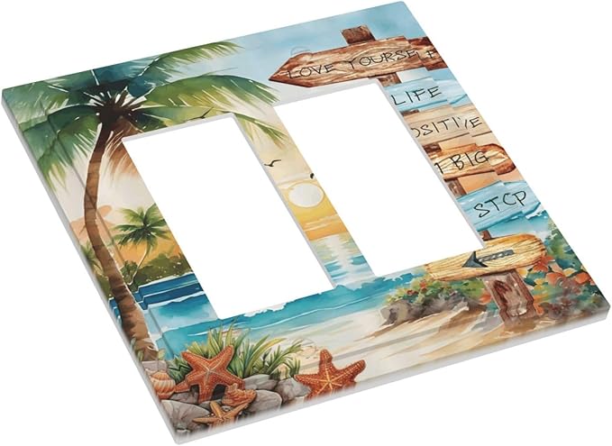 Tropical Beach Palm Tree Summer Coastal Ocean Sunset Decorative Outlet Covers 2 Gang Double GFCI Rocker Electrical Wall Panels Light Switch Cover Plate for Bedroom Living Room Decor