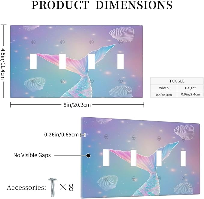 Cute Mermaid Pink Tail Scales Shells Colorful Ocean Light Switch Covers Quad Toggle Electrical Faceplate 4 Gang Wall Plate Decorative Switch Plates for Kids Room Nursery Decor