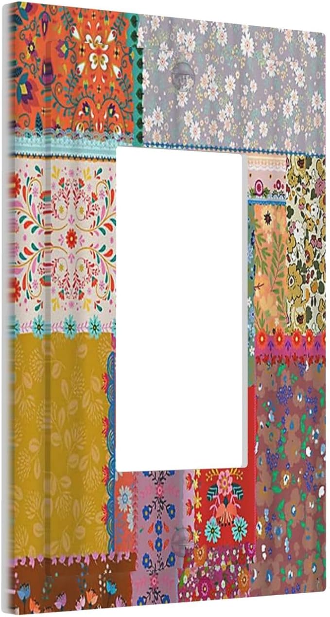 Outlet Covers Boho Patchwork Bohemian Stitching Colorful Floral 1 Gang Wall Plate Single Rocker Light Switch Cover Decorative GFCI Receptacle Cover Electrical Switchplate for Home Decor
