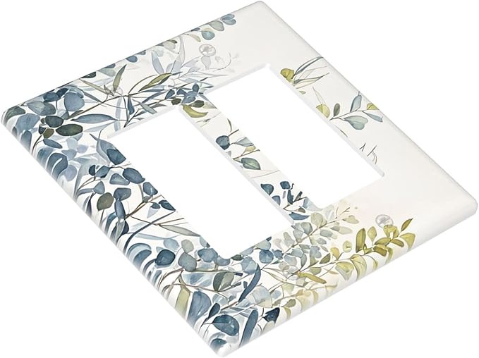 Decorative Outlet Covers with Green & Blue Watercolor Eucalyptus Botanical Foliage Design 2 Gang Wall Plate Double Rocker Light Switch Cover Switch Plate Cover for Contemporary Living Room