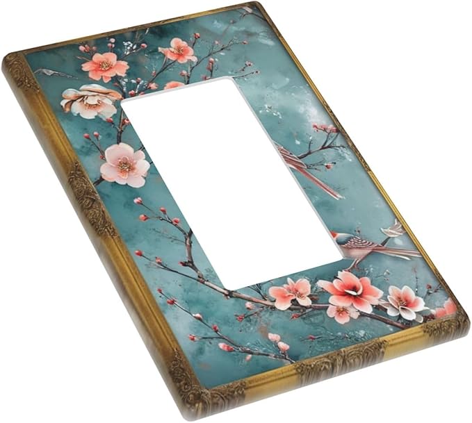 Decorative Art Light Switch Covers Vintage Chinoiserie Oriental - Teal Birds and Floral Branch 1 Gang Rocker Outlet Wall Plate Switchplate Electrical Faceplate for Home Decor