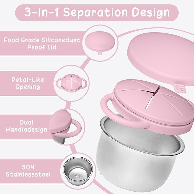 2 Pack Baby Stainless Steel Snack Containers for Kids with Spill Proof Food Grade Silicone Lids & Handles 9 OZ Baby Snack Cups No Spill Toddler Snack Box for Mess-Free Snacking