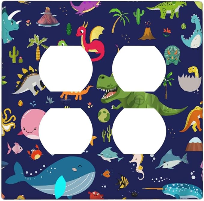 Cartoon Nursery Animal Whale Dolphin Starfish 2-Gang Device Duplex Wall Plate, Funny Cool Blue/Green Dinosaur Decorative Two Gang Double Duplex Receptacle Socket Outlet and Light Switch Cover Plate