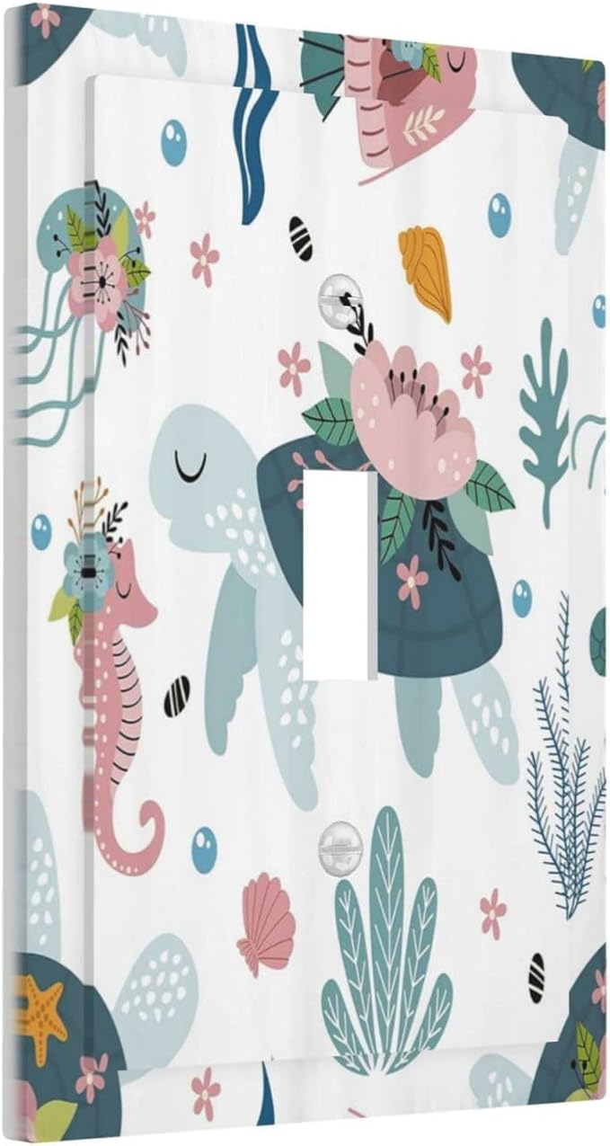 Underwater Floral Turtle Animal 1 Gang Single Toggle Light Switch Covers Decorative Wall Plate Switchplate Electrical Faceplate for Nursery Kidsroom Bedroom Decor