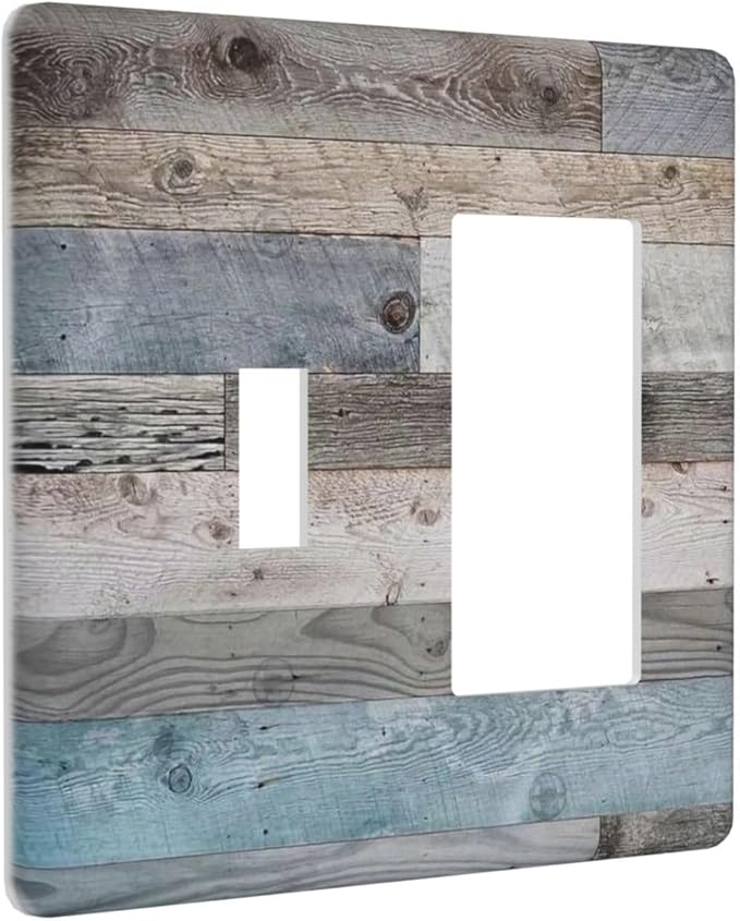 Rustic Vintage Kitchen 2-Gang 1-Toggle 1-Decorator/GFCI Device Combination Wallplate Western Blue Grey Wood Plank Country Barn Door Combo Toggle Receptacle Rocker Outlet Light Switch Cover Face Plate
