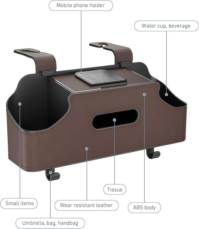 1 PC Car Seat Back Organizer, Multi-Function Tissue Storage Box with 2 Drink Cup Holders, Hanging Kids and Travel Accessories, Universal for Water Cup Phone Umbrella Bag (Brown)