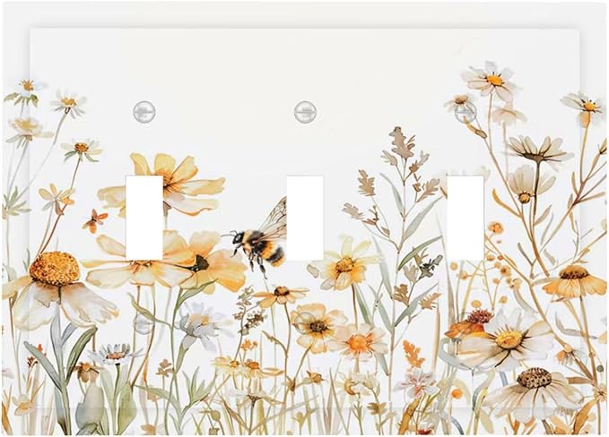 Yellow White Daisy Floral Bee Wild Flower Decorative Switch Plates 3 Gang Wall Plate Triple Toggle Light Switch Cover Faceplate Electrical Wall Panels for Bedroom Living Room Decor