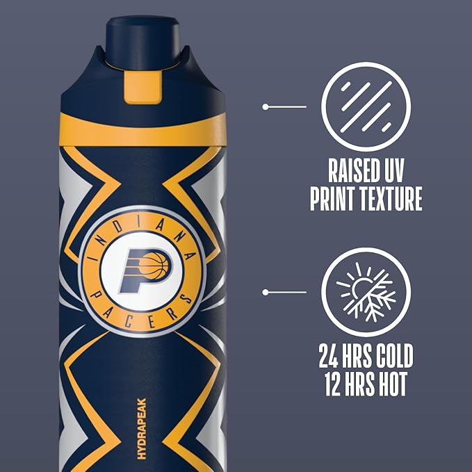 Hydrapeak x NBA Officially Licensed Indiana Pacers Oasis 20 oz Insulated Kids Water Bottle, Stainless Steel Water Bottle Kids with Chug Lid, Push Button