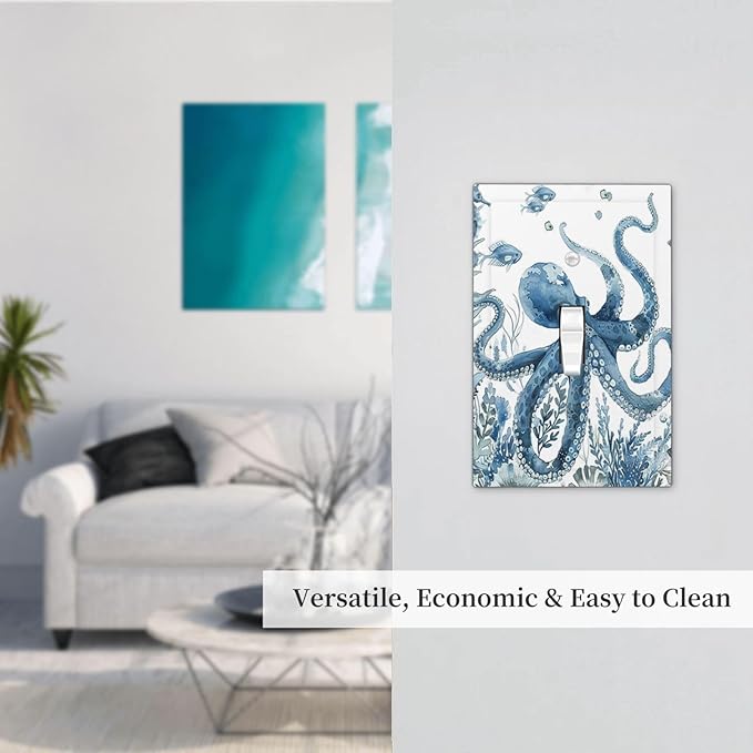 Blue Octopus Squid Seahorse Coral Watercolor Wild Sealife Decorative Light Switch Cover 1 Gang Single Toggle Device Electrical Faceplate Switchplates Decorator Outlet Wall Plate for Bathroom Kids Room