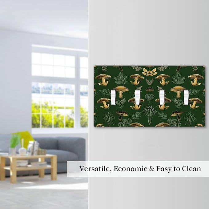 Decorative Light Switch Cover Plate Cute Gold Mushtroom Green Plant Leaf 4 Gang Wall Plates for Electrical Outlets Quad Toggle Switch Plate Covers Outlet Covers Faceplate for Home Decor
