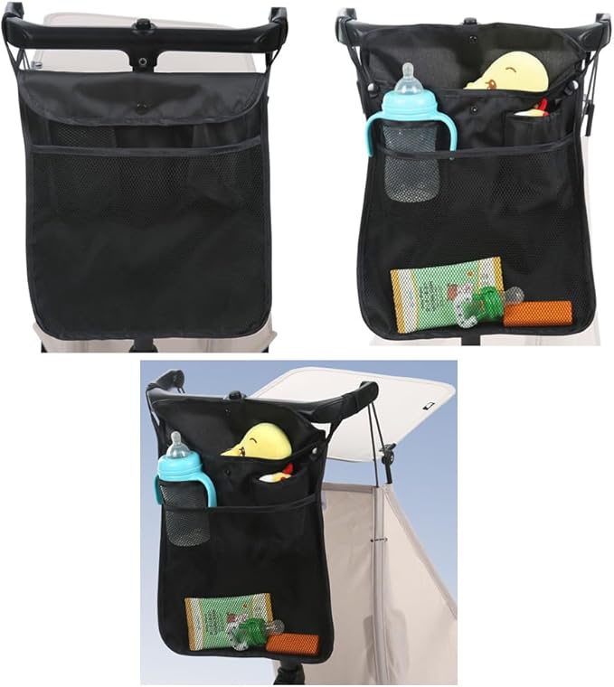 2pcs Baby Stroller Organizer with Two Compartments Front Mesh Pocket for Bottle Nappy Diaper Storage, Detachable Straps, Fits for Stroller like Uppababy, Baby Jogger, Britax, Bugaboo, BOB, Black