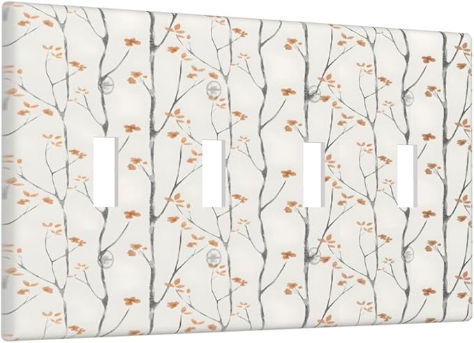 Boho Floral Watercolor Tree Branch Flower Minimalist Light Switch Covers Quad Toggle Electrical Faceplate 4 Gang Wall Plate Decorative Switch Plates Cover for Bedroom Living Room Decor