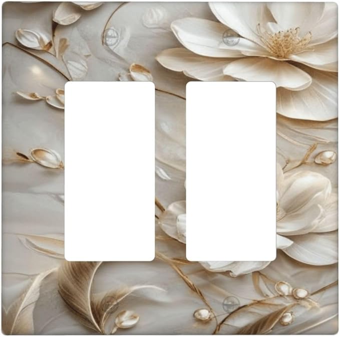 Decorative Art Light Switch Covers Elegant White and Gold Florals 2 Gang Dual Rocker Outlet Switch plate Faceplate GFCI for Home Decor