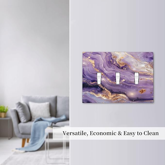 Abstract Purple Gold Marble Texure Luxurious Decorative Switch Plates 3 Gang Wall Plate Triple Toggle Light Switch Cover Faceplate Electrical Wall Panels for Bathroom Living Room Decor