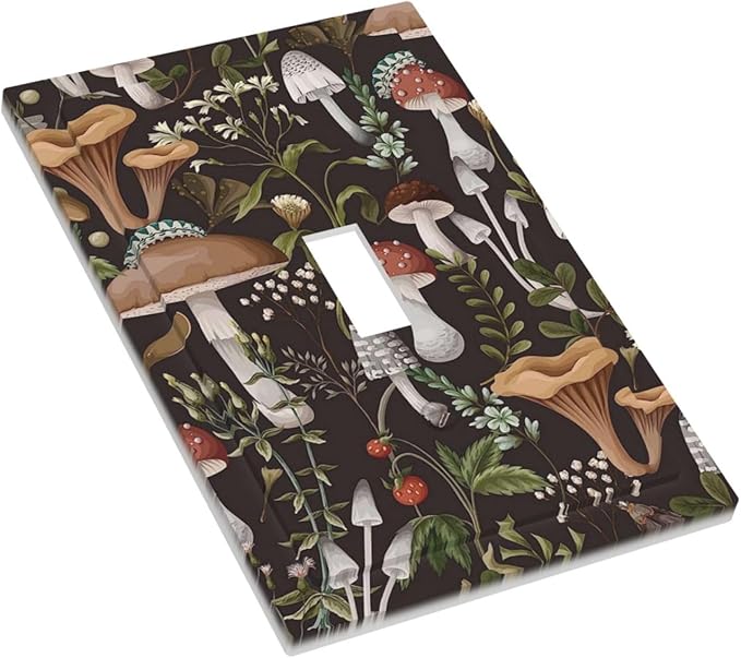 Black Retro Vintage 70s 60s Boho Hippie Mushroom Fungus 1 Gang Single Toggle Outlet Light Switch Wall Plate Outlet Cover Botanical Floral Plant Electrical Faceplate Decorative Switchplate
