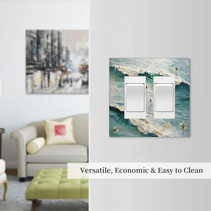 Beach Waves Ocean Surfing Hoverboard Painting Print Decorative Outlet Covers 2 Gang Double GFCI Rocker Electrical Wall Panels Light Switch Cover Plate for Bedroom Living Room Decor