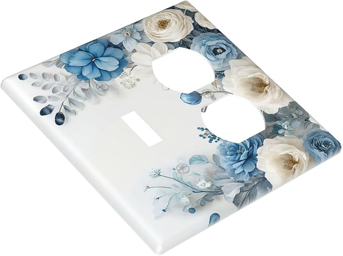 Decorative Outlet Covers Blue Rose White Flowers Rustic Floral 2 Gang Wall Plate Cover Single Toggle Duplex Combo Two Switch Light Switch Cover Plate Dual Electrical Face Plate