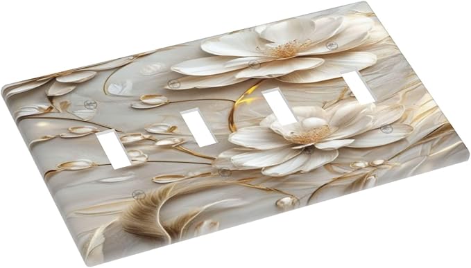 Decorative Art Light Switch Covers Elegant White and Gold Florals Quad Toggle 4 Gang Wall Plate Switch plate Electrical Faceplate for Home Decor