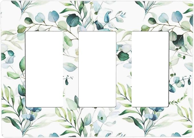 Decorative Eucalyptus Leaves Triple Decorator Light Switch Cover 3-Gang Screwless, Spring Summer Olive Green Sage Leaf Three Gang GFCI/Rocker Device Wallplate Electrical Faceplate Switchplate Dimmer
